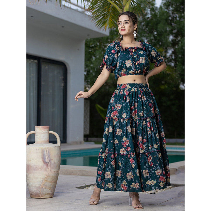 Yufta Cotton Green Floral Crop Top & Skirt (Set of 2)