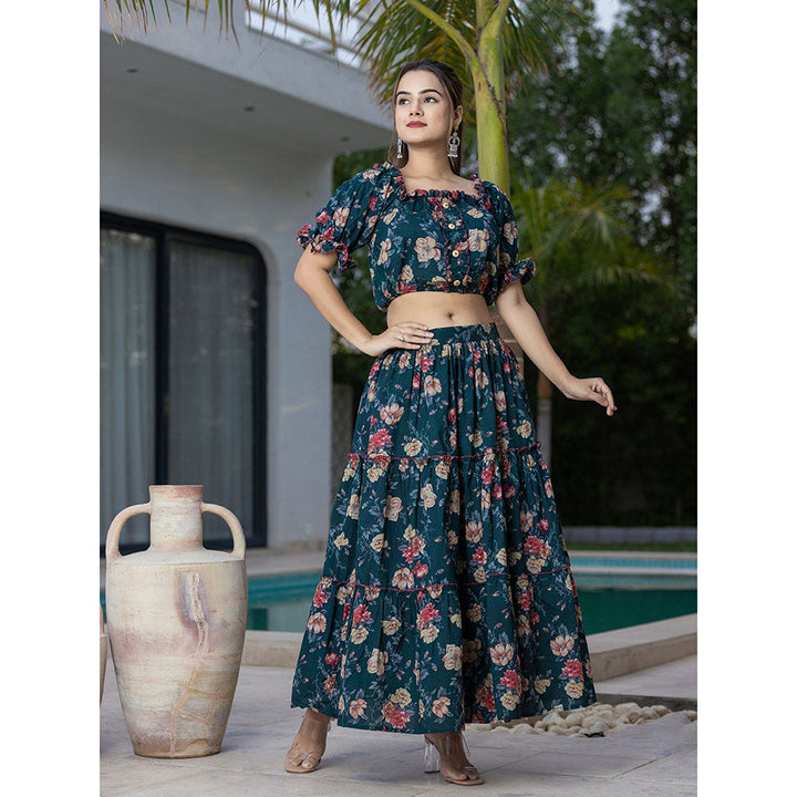 Yufta Cotton Green Floral Crop Top & Skirt (Set of 2)