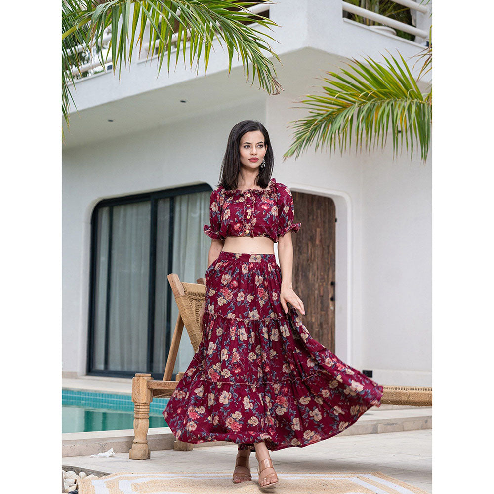 Yufta Cotton Maroon Floral Crop Top & Skirt (Set of 2)