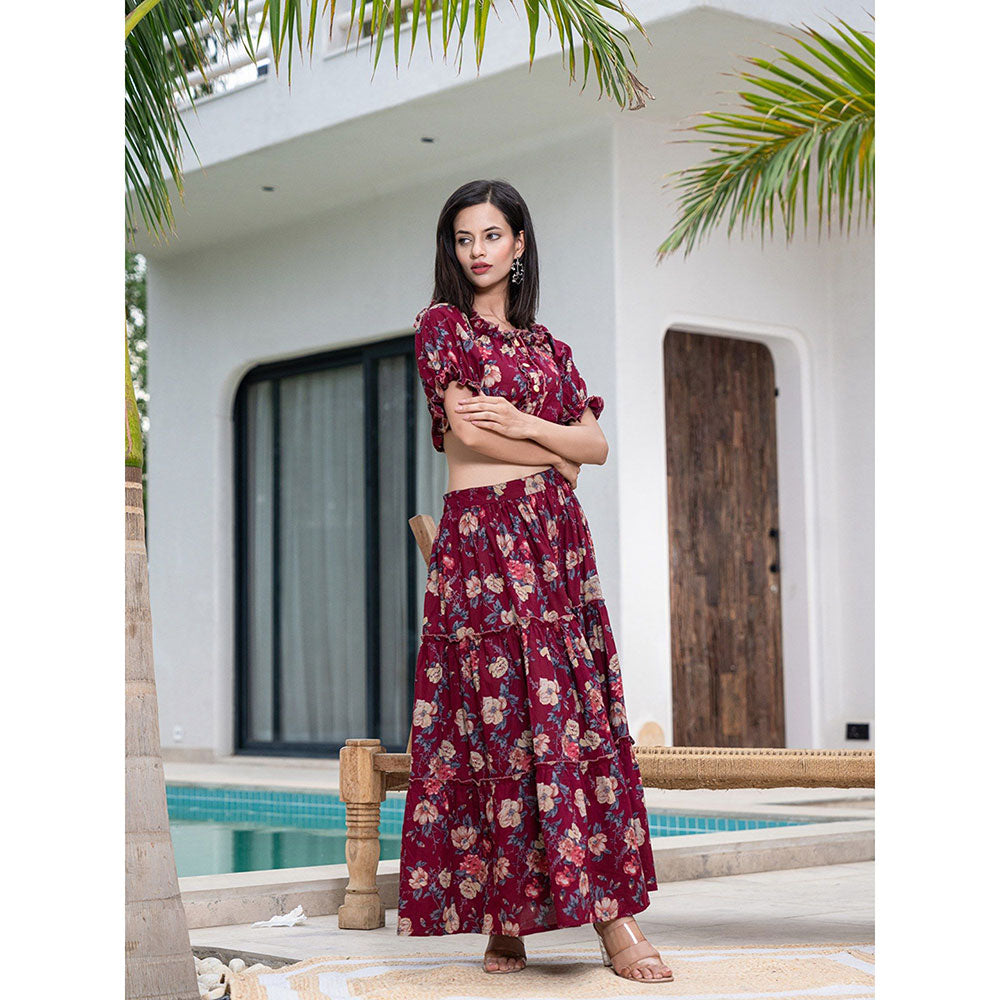 Yufta Cotton Maroon Floral Crop Top & Skirt (Set of 2)