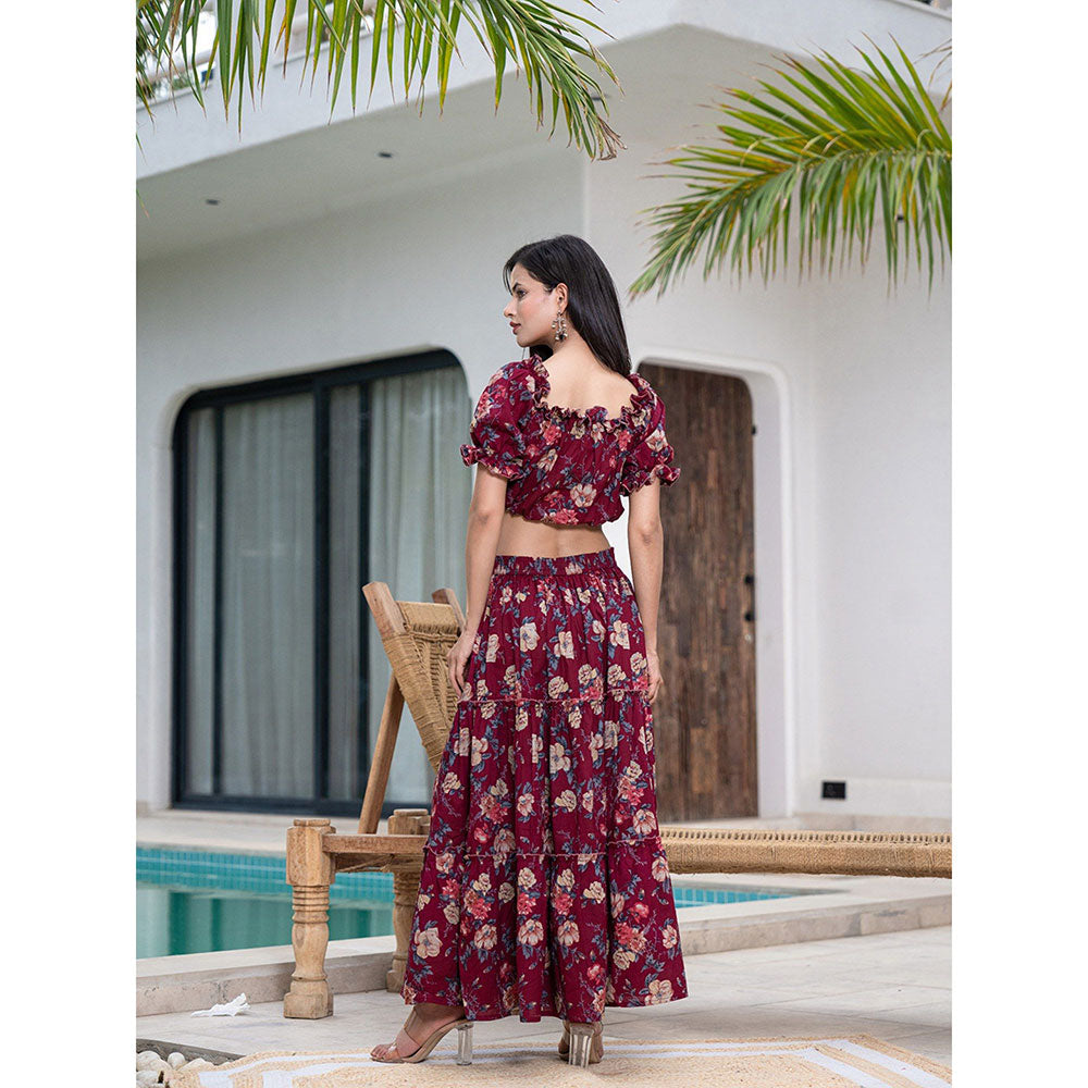 Yufta Cotton Maroon Floral Crop Top & Skirt (Set of 2)