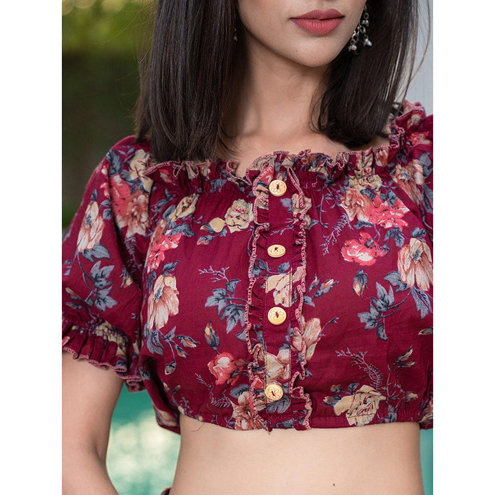 Yufta Cotton Maroon Floral Crop Top & Skirt (Set of 2)