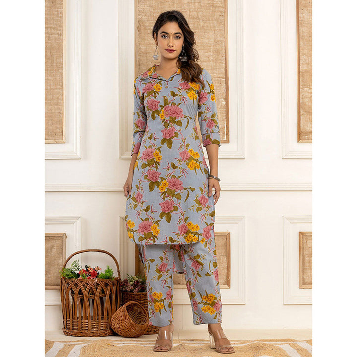 Yufta Blue Cotton Floral Print Co-Ord (Set of 2)