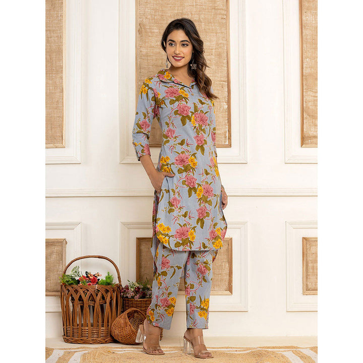 Yufta Blue Cotton Floral Print Co-Ord (Set of 2)