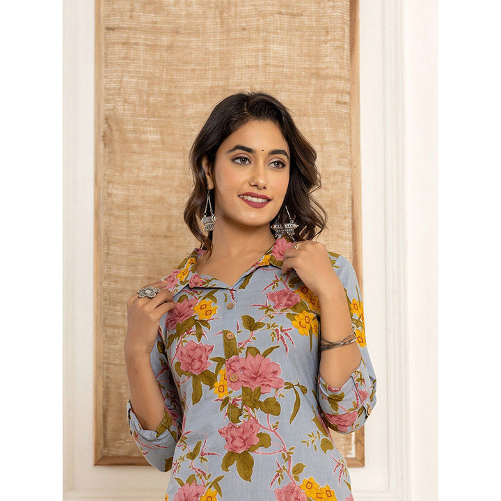 Yufta Blue Cotton Floral Print Co-Ord (Set of 2)