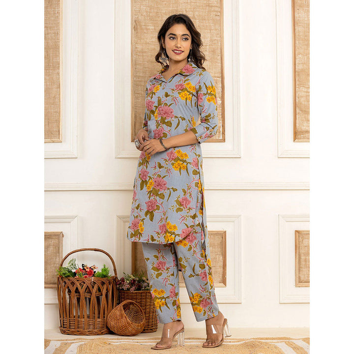 Yufta Blue Cotton Floral Print Co-Ord (Set of 2)