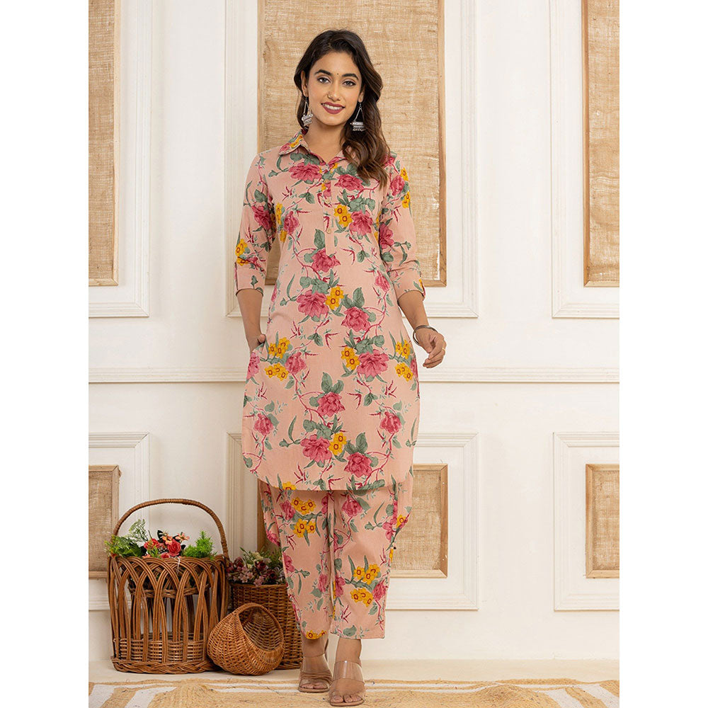 Yufta Pink Cotton Floral Print Co-Ord (Set of 2)