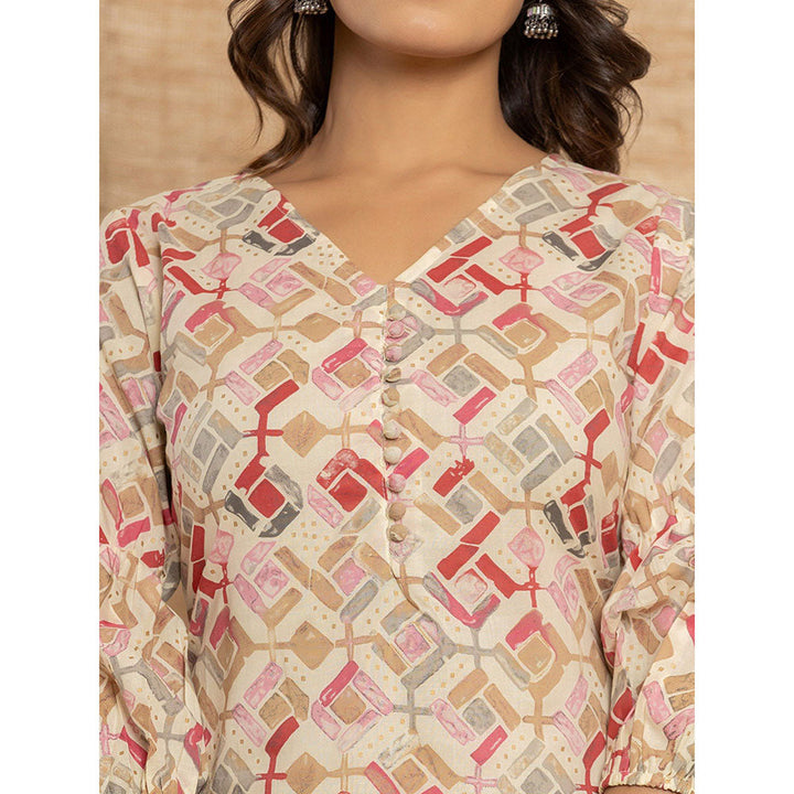 Yufta Cotton Off White Geometric Print Co-Ord (Set of 2)