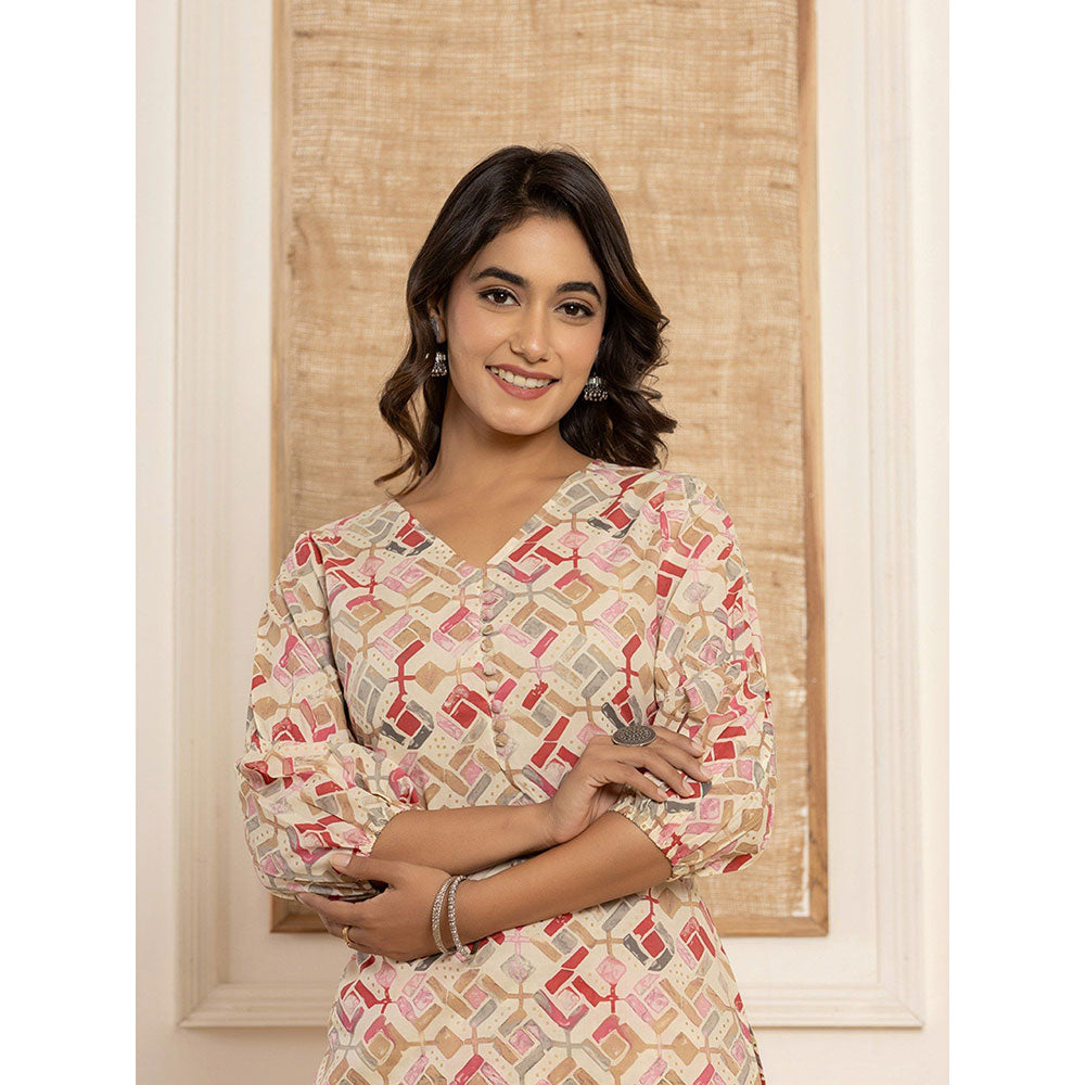 Yufta Cotton Off White Geometric Print Co-Ord (Set of 2)