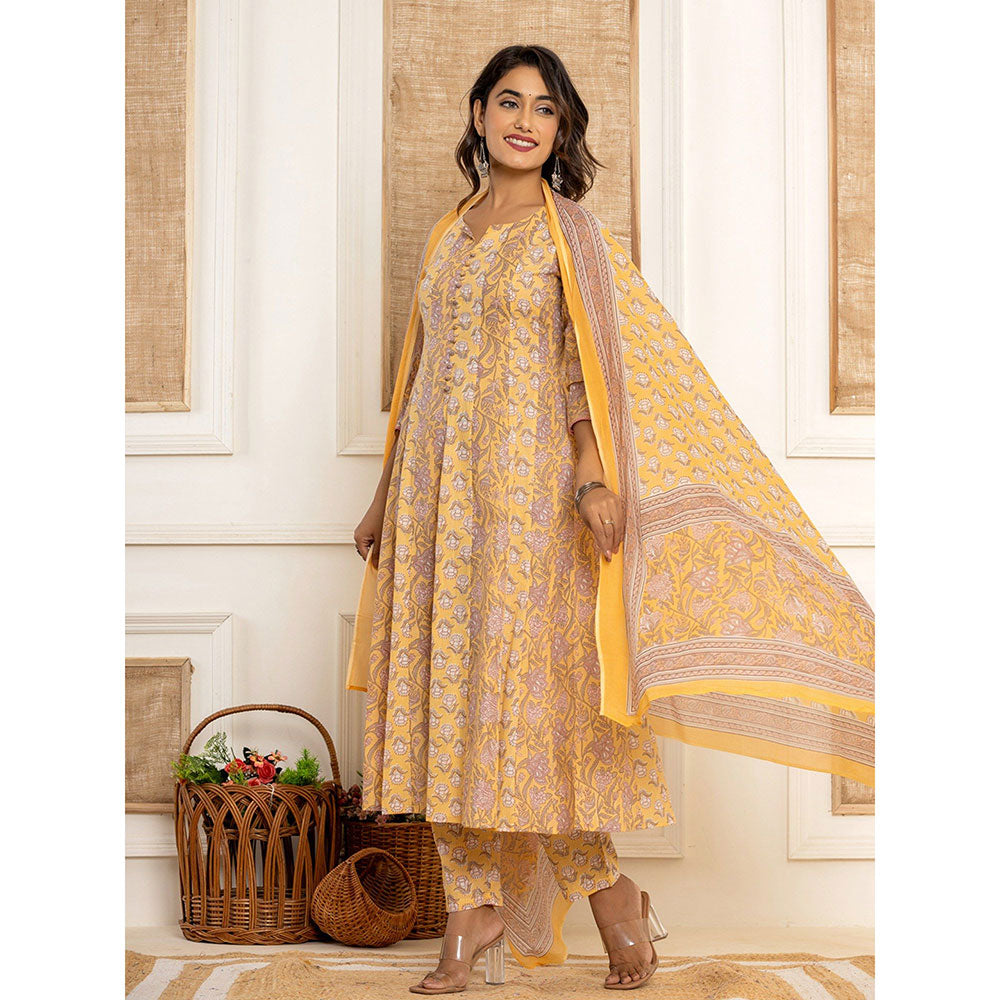 Yufta Cotton Mustard Anarkali Kurta With Pant & Dupatta (Set of 3)