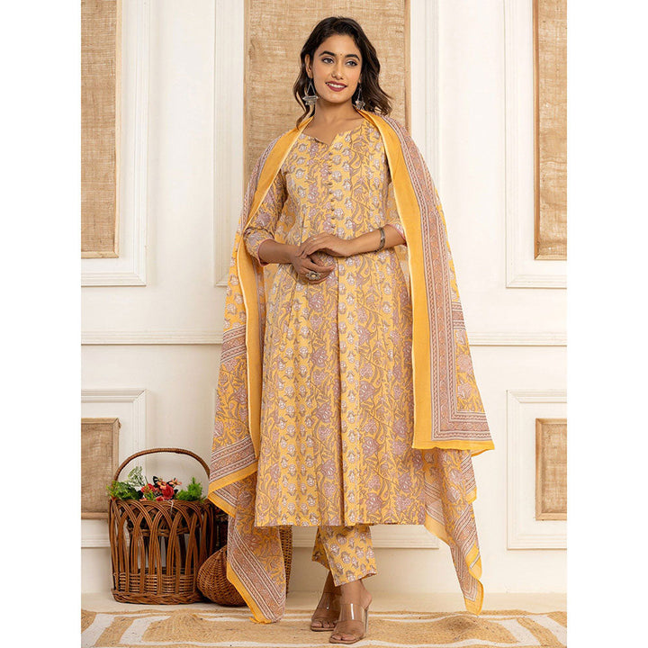 Yufta Cotton Mustard Anarkali Kurta With Pant & Dupatta (Set of 3)