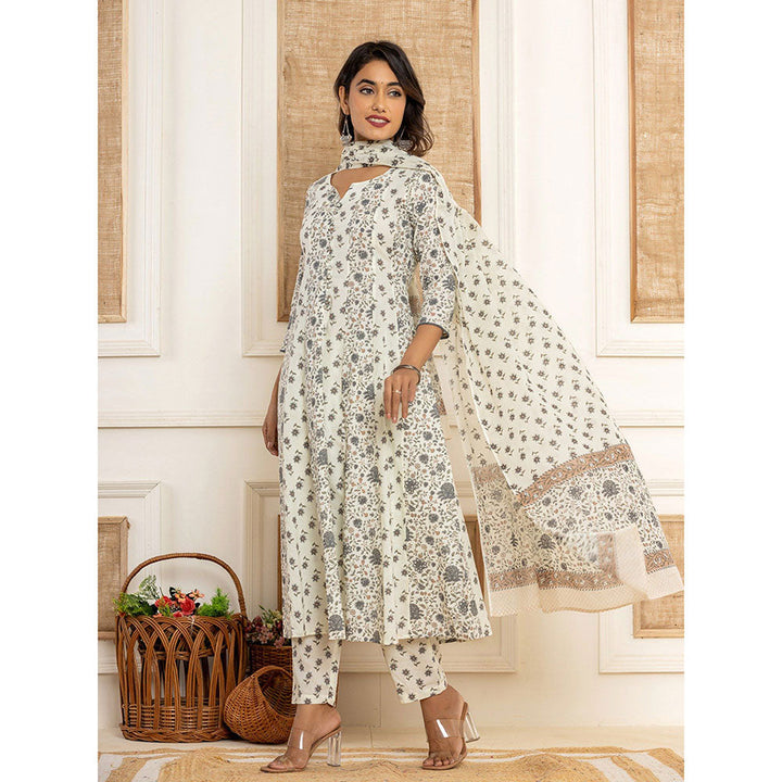 Yufta Cotton Off White Anarkali Kurta With Pant & Dupatta (Set of 3)