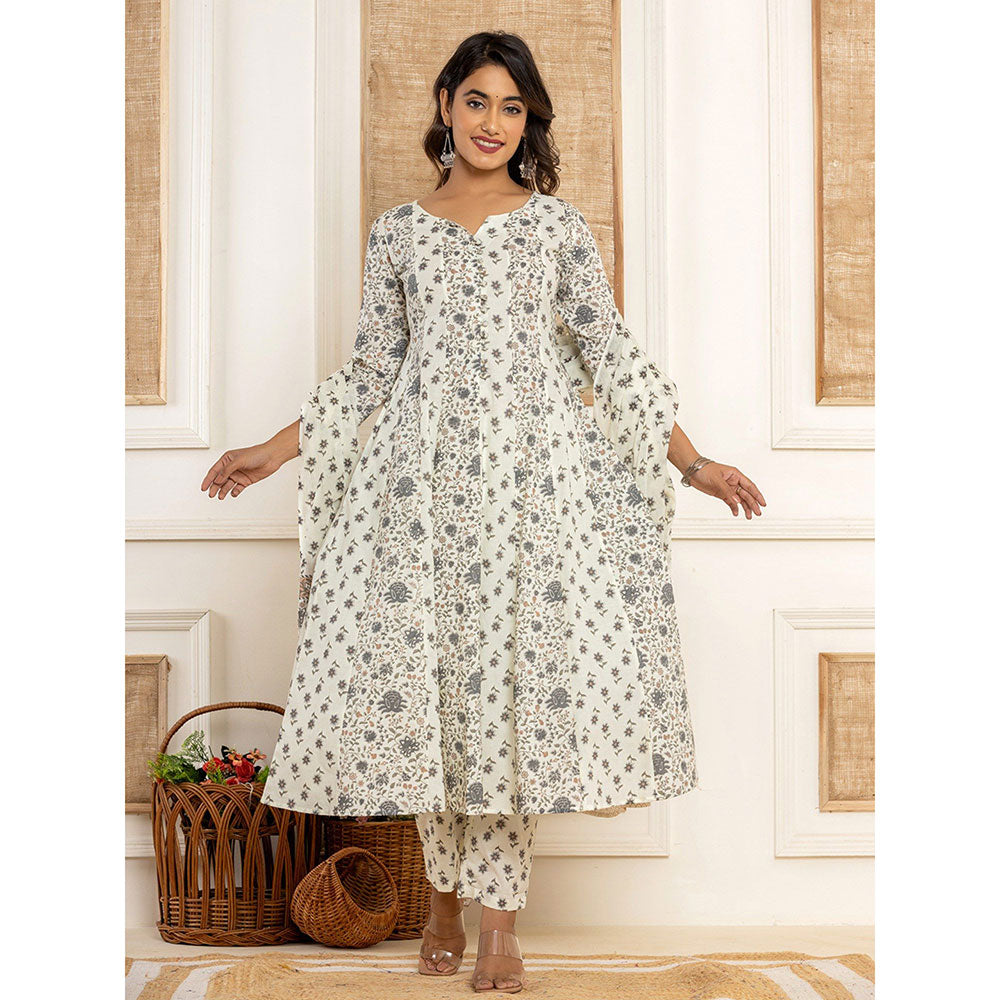 Yufta Cotton Off White Anarkali Kurta With Pant & Dupatta (Set of 3)