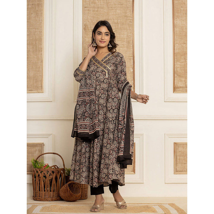 Yufta Black Paisley Print Angarkha Kurta & Pant With Dupatta (Set of 3)