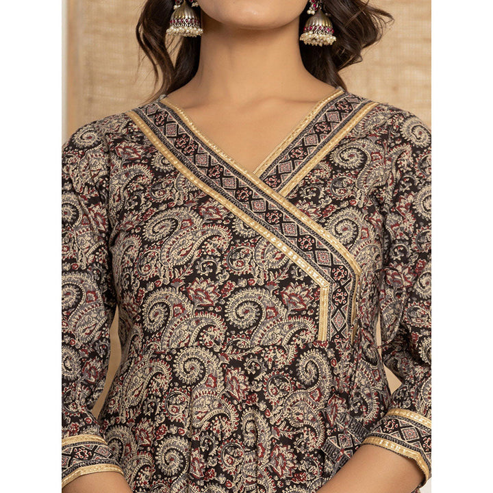 Yufta Black Paisley Print Angarkha Kurta & Pant With Dupatta (Set of 3)