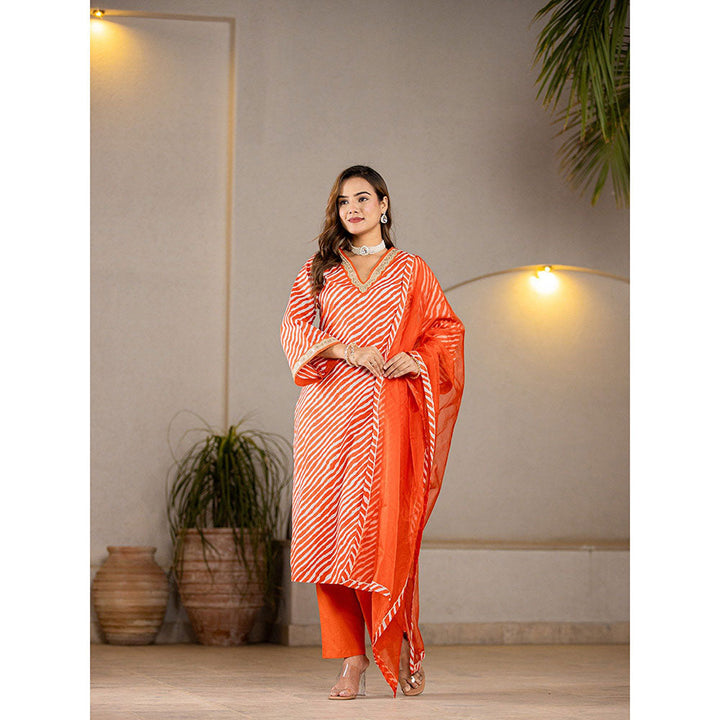 Yufta Orange Leheriya Print Cotton Straight Kurta With Pant & Dupatta (Set of 3)