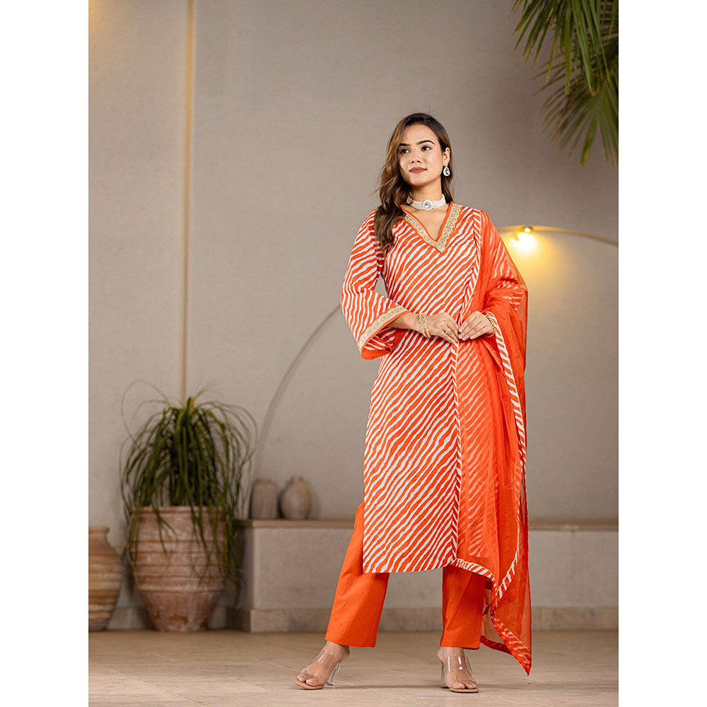 Yufta Orange Leheriya Print Cotton Straight Kurta With Pant & Dupatta (Set of 3)