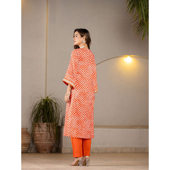 Yufta Orange Leheriya Print Cotton Straight Kurta With Pant & Dupatta (Set of 3)