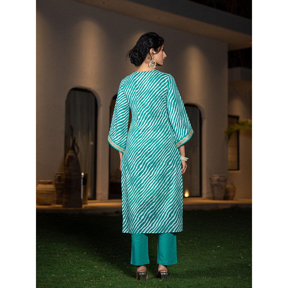 Yufta Teal Green Leheriya Print Cotton Straight Kurta With Pant & Dupatta (Set of 3)