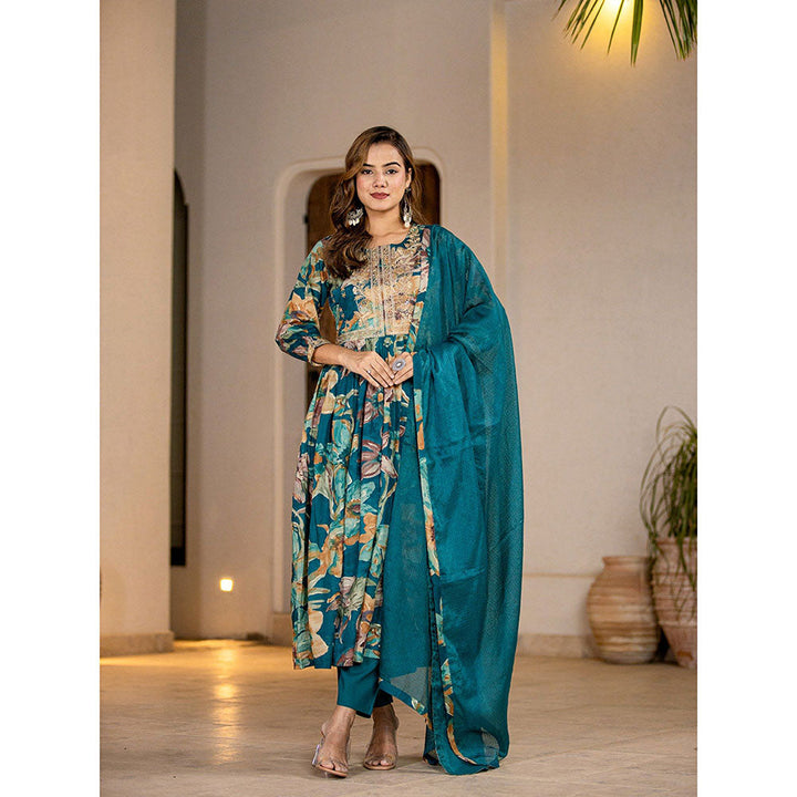 Yufta Teal Floral Print Malmal Anarkali Kurta With Pant & Dupatta (Set of 3)