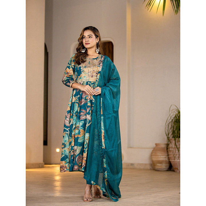 Yufta Teal Floral Print Malmal Anarkali Kurta With Pant & Dupatta (Set of 3)