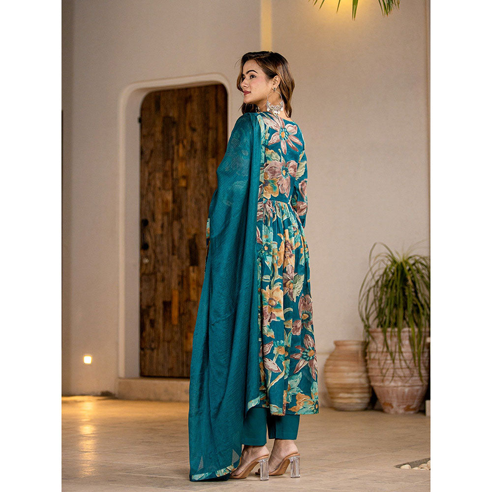 Yufta Teal Floral Print Malmal Anarkali Kurta With Pant & Dupatta (Set of 3)