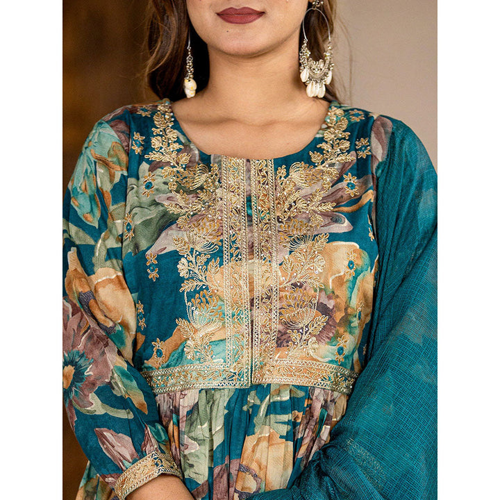 Yufta Teal Floral Print Malmal Anarkali Kurta With Pant & Dupatta (Set of 3)