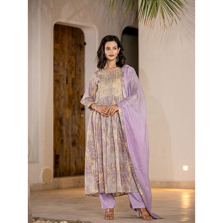 Yufta Lavender Floral Print Malmal Anarkali Kurta With Pant & Dupatta (Set of 3)