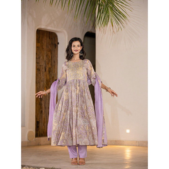 Yufta Lavender Floral Print Malmal Anarkali Kurta With Pant & Dupatta (Set of 3)