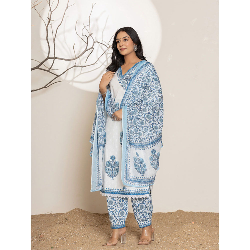 Yufta Blue Floral Print Cotton Kurta & Salwar With Dupatta (Set of 3)