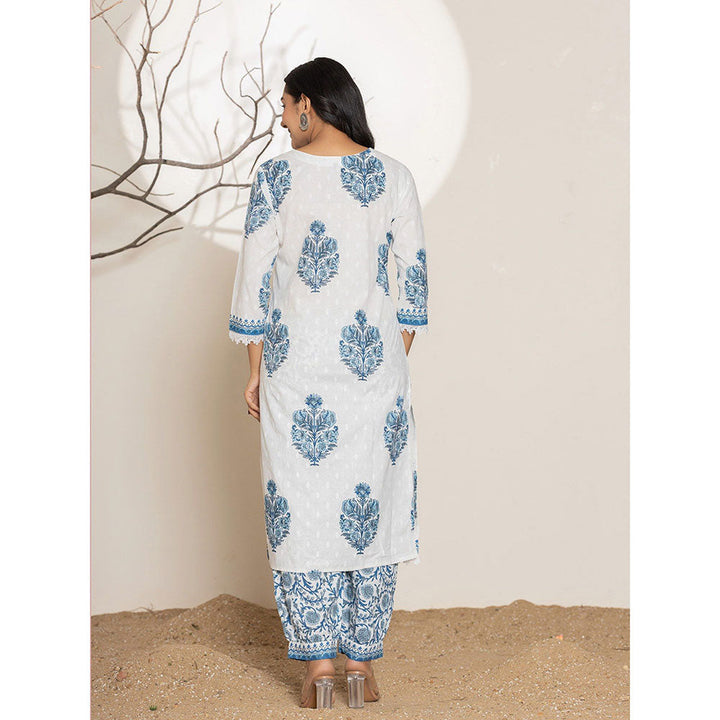 Yufta Blue Floral Print Cotton Kurta & Salwar With Dupatta (Set of 3)