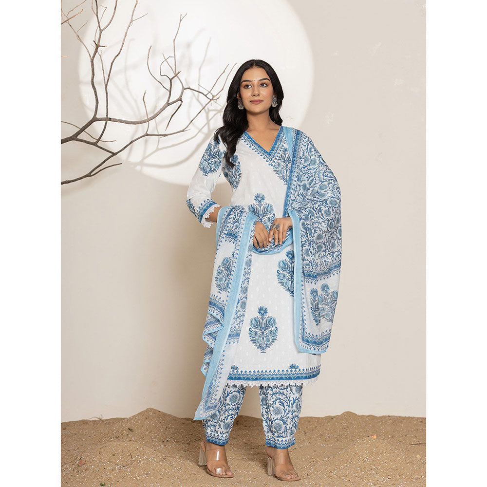 Yufta Blue Floral Print Cotton Kurta & Salwar With Dupatta (Set of 3)