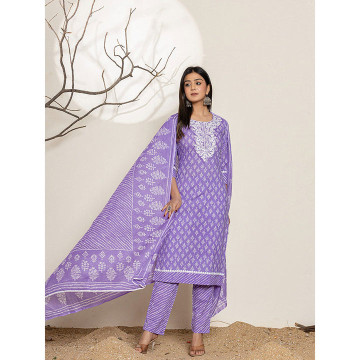 Yufta Lavender Ethnic Motifs Cotton Straight Kurta With Pant & Dupatta (Set of 3)