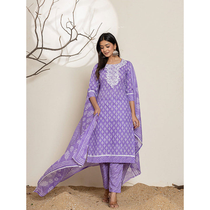 Yufta Lavender Ethnic Motifs Cotton Straight Kurta With Pant & Dupatta (Set of 3)