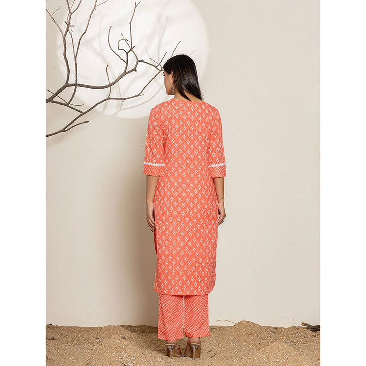 Yufta Peach Ethnic Motifs Cotton Straight Kurta With Pant & Dupatta (Set of 3)