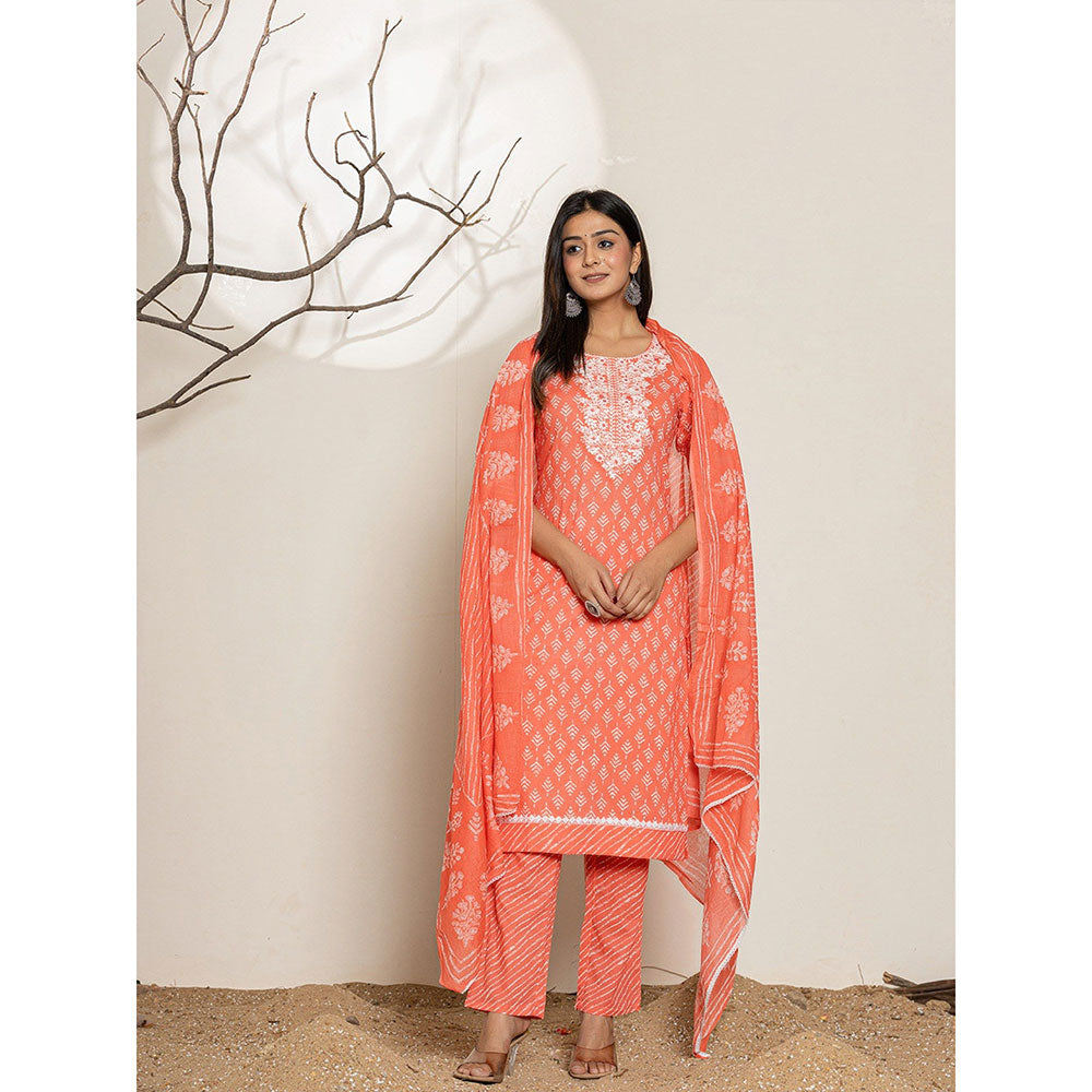 Yufta Peach Ethnic Motifs Cotton Straight Kurta With Pant & Dupatta (Set of 3)