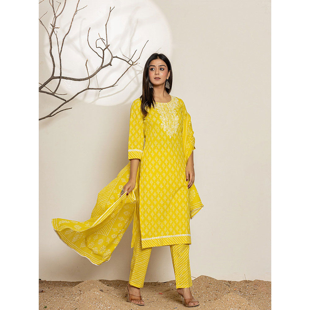 Yufta Yellow Ethnic Motifs Cotton Straight Kurta With Pant & Dupatta (Set of 3)