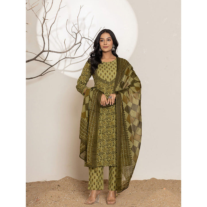 Yufta Green Printed Cotton Straight Kurta With Pant & Dupatta (Set of 3)