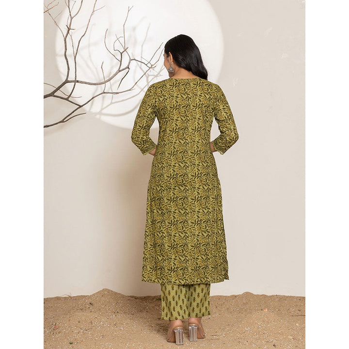 Yufta Green Printed Cotton Straight Kurta With Pant & Dupatta (Set of 3)