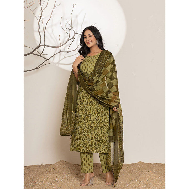 Yufta Green Printed Cotton Straight Kurta With Pant & Dupatta (Set of 3)