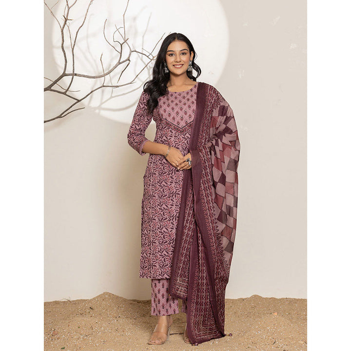 Yufta Mauve Printed Cotton Straight Kurta With Pant & Dupatta (Set of 3)