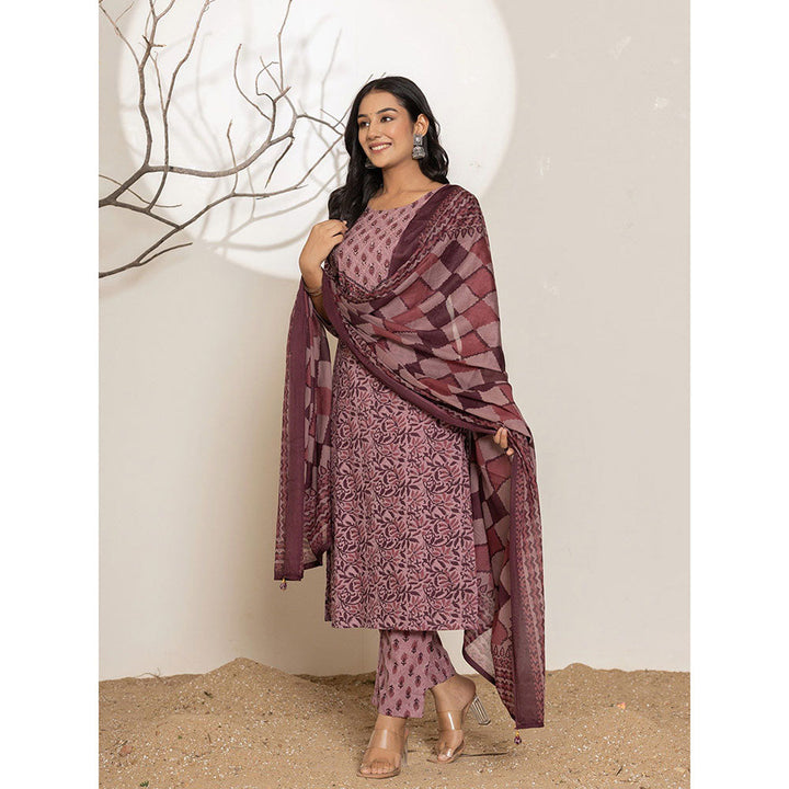 Yufta Mauve Printed Cotton Straight Kurta With Pant & Dupatta (Set of 3)