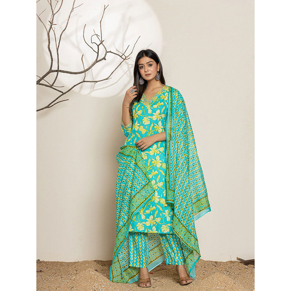 Yufta Cotton Floral Green Kurta With Dupatta & Pant (Set of 3)