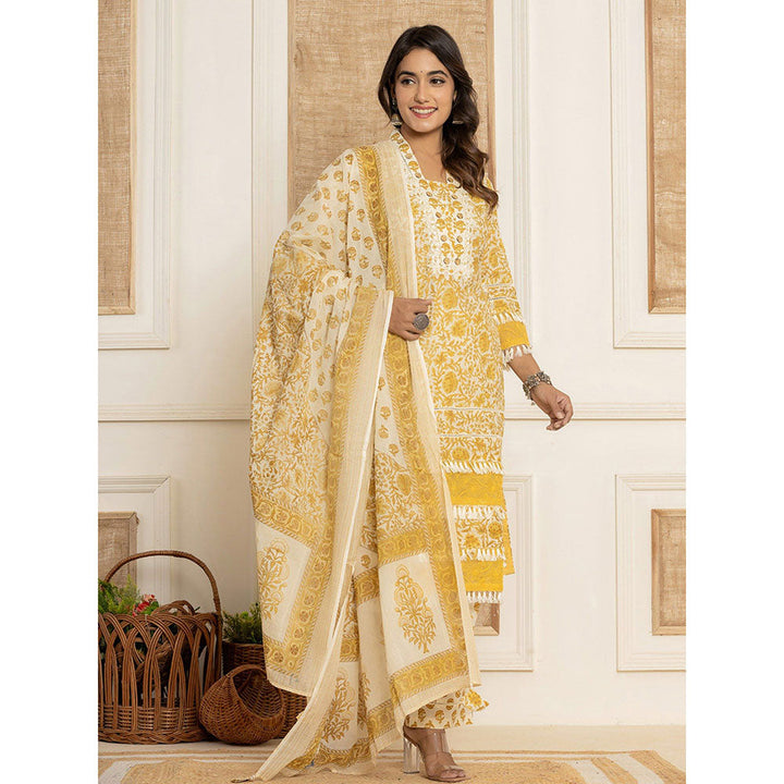 Yufta Yellow Floral Print Cotton Straight Kurta & Pant With Dupatta (Set of 3)