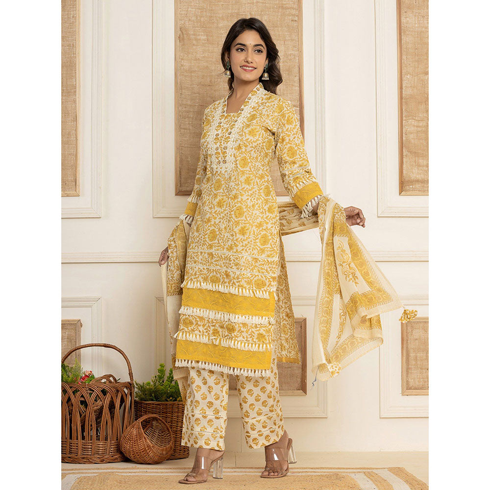 Yufta Yellow Floral Print Cotton Straight Kurta & Pant With Dupatta (Set of 3)