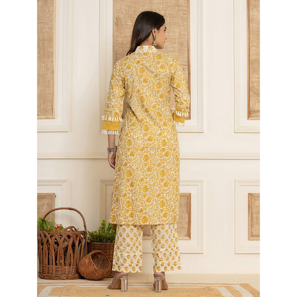 Yufta Yellow Floral Print Cotton Straight Kurta & Pant With Dupatta (Set of 3)