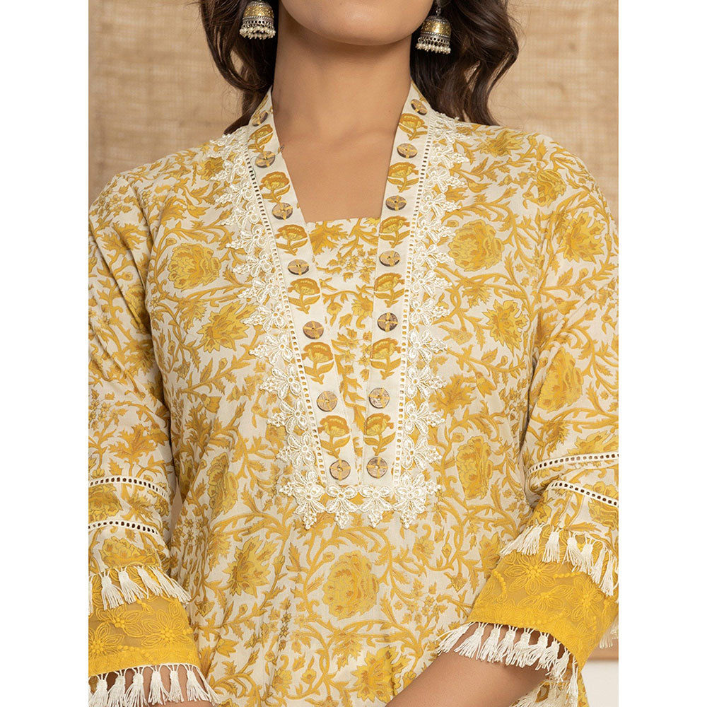 Yufta Yellow Floral Print Cotton Straight Kurta & Pant With Dupatta (Set of 3)