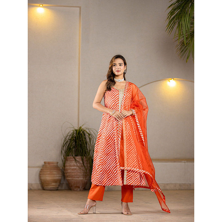 Yufta Cotton Leheriya Orange Anarkali Kurta With Pant & Dupatta (Set of 3)