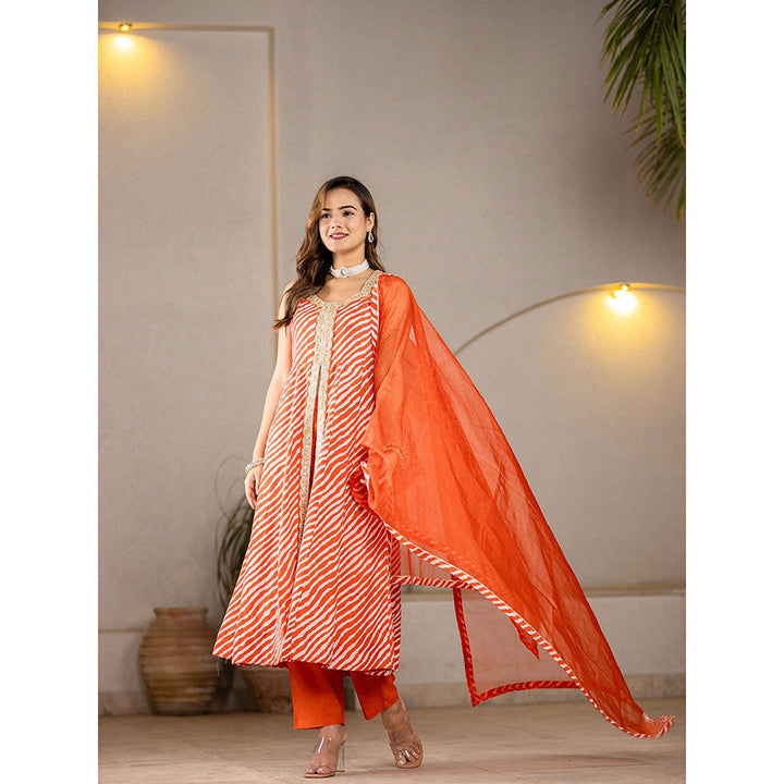 Yufta Cotton Leheriya Orange Anarkali Kurta With Pant & Dupatta (Set of 3)