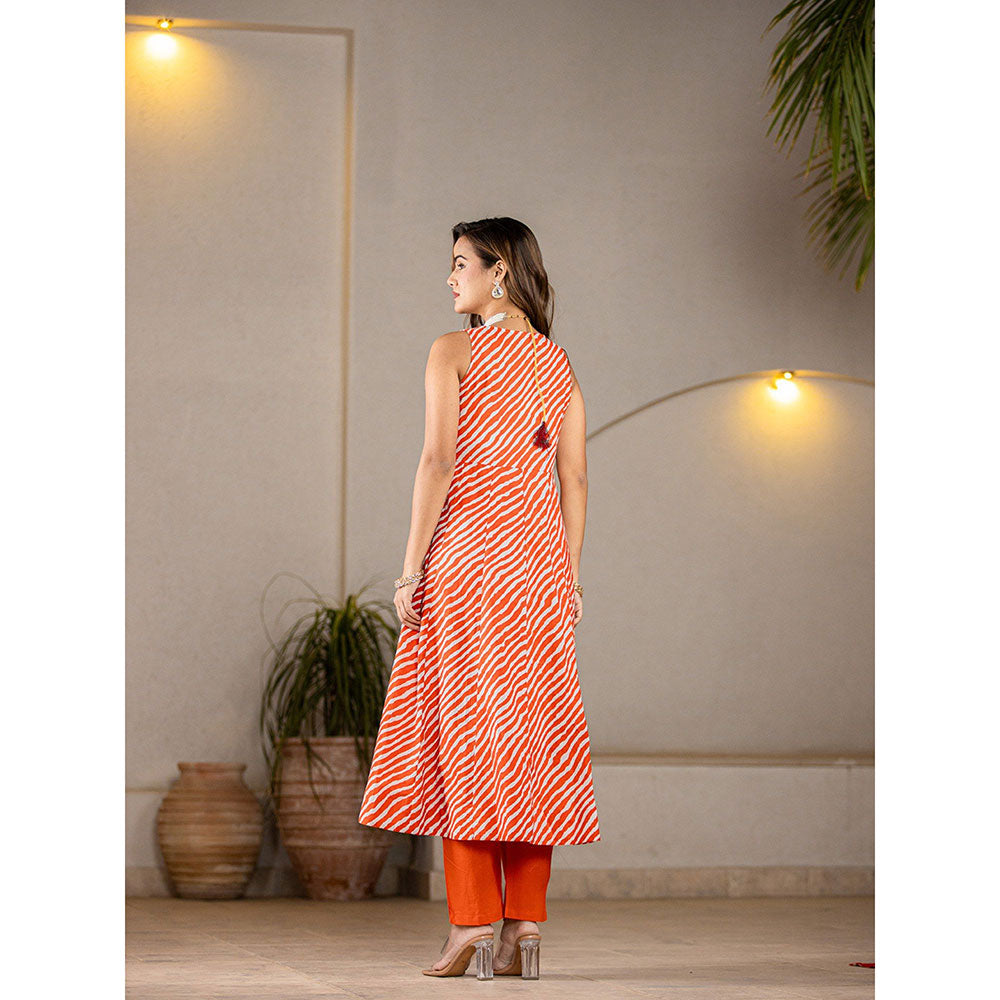 Yufta Cotton Leheriya Orange Anarkali Kurta With Pant & Dupatta (Set of 3)